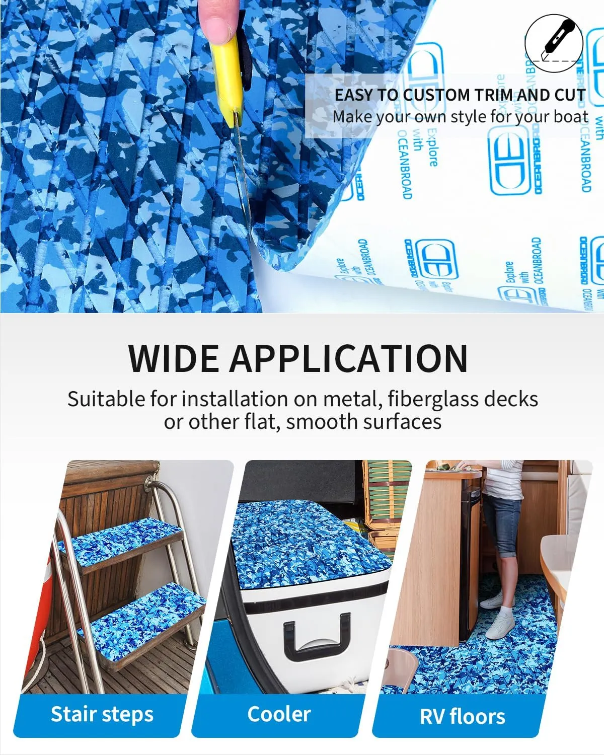 OCEANBROAD Self-Adhesive 96''x16''/23''/38''/47'' Camouflage Boat Flooring Non-Slip Traction Pad EVA Foam Sheet for Jon Boat Surfboard SUP Board Kayak, Camo Black/Blue/Green/Brown/Yellow/Gray