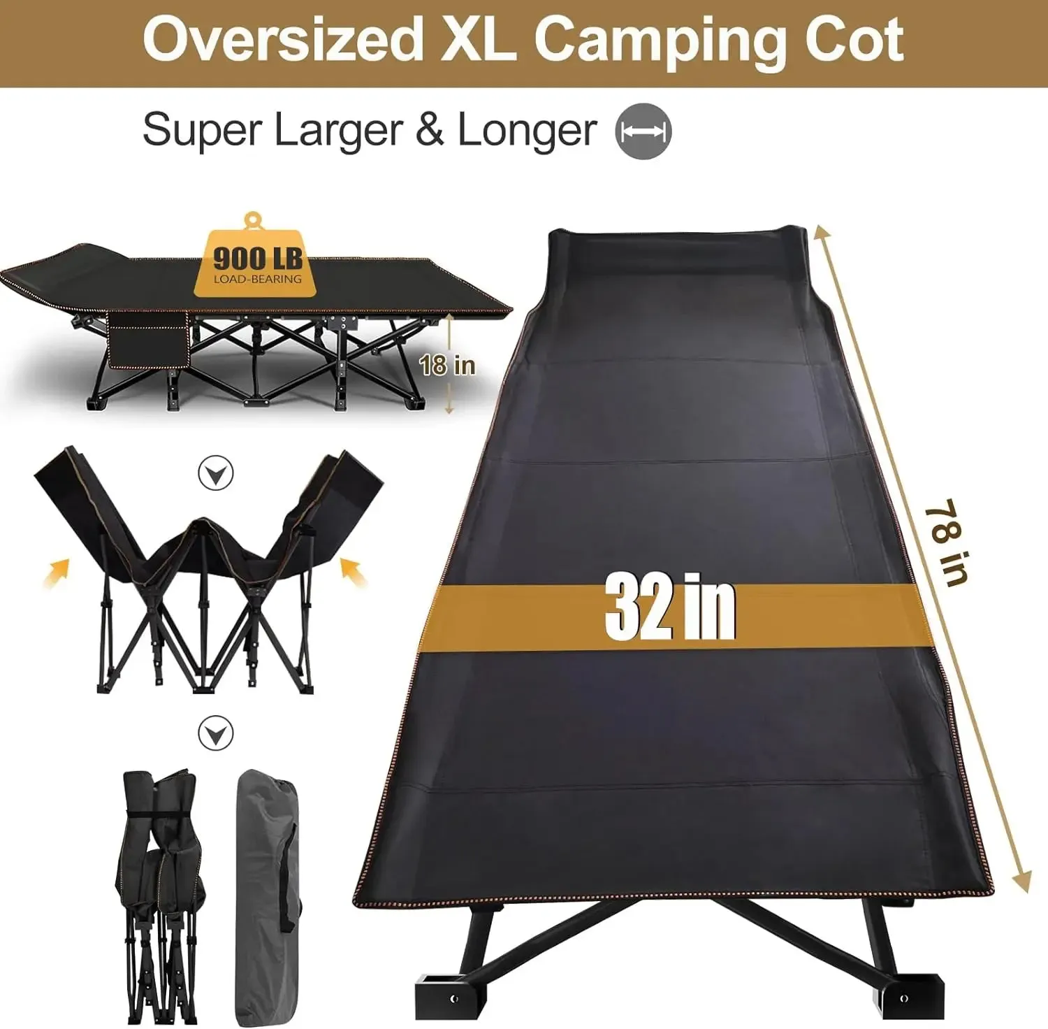 Oversized XXL Folding Camping Cot,  Portable Sleeping Bed for Camp Office Use Outdoor Cot Bed for Traveling