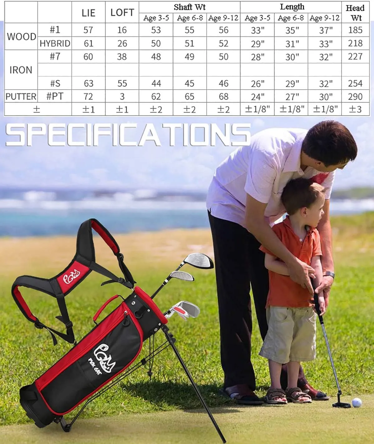 PGM Junior Golf Club Complete Set for Children Kids, 5 Golf Clubs with Stand Bag and 2 Headcovers for Boys & Girls, Right Hand