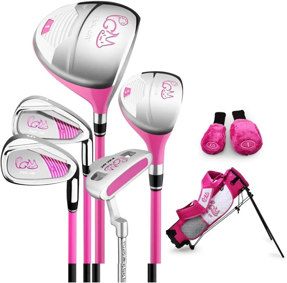 PGM Junior Golf Club Complete Set for Children Kids, 5 Golf Clubs with Stand Bag and 2 Headcovers for Boys & Girls, Right Hand