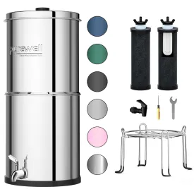 Purewell 3-Stage 0.01m Ultra-Filtration Gravity Water Filter System, NSF/ANSI 42&372 Certification, 304 Stainless Steel Countertop System with 2 Filters and Stand, Reduce 99% Chlorine, 2.25G, PW-OB