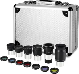 Solomark 1.25-Inch Telescope Eyepiece and Filter Set - Telescope Accessory Kit (Silver) - 5pcs Plossl Eyepiece Set, 7pcs Filter Set, 2X Barlow Lens