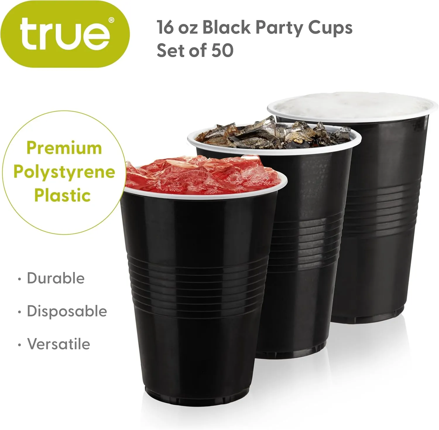 True Black 16oz Plastic Cups for Party, Disposable Drinking Cups Plastic Disposable Cups for Party, Beer Pong Cups, Black Plastic Cups, Set of 50