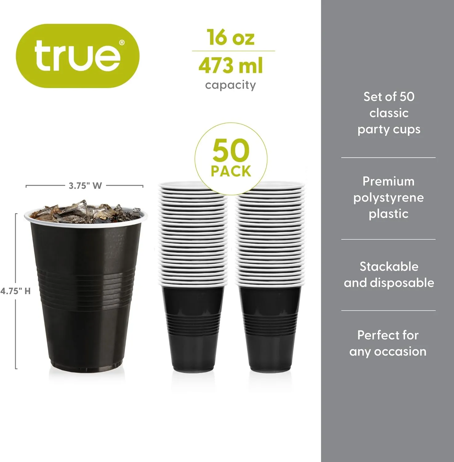 True Black 16oz Plastic Cups for Party, Disposable Drinking Cups Plastic Disposable Cups for Party, Beer Pong Cups, Black Plastic Cups, Set of 50