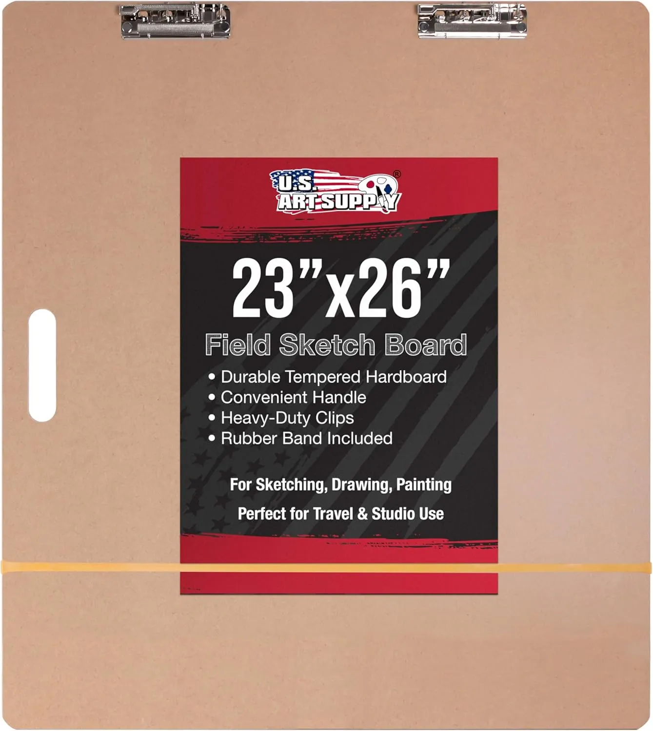 U.S. Art Supply 23" x 26" Artist Sketch Tote Board - Lightweight Hardboard Drawing Board with Handle, Clip & Rubber Band for Art, Sketching, Travel, Studio