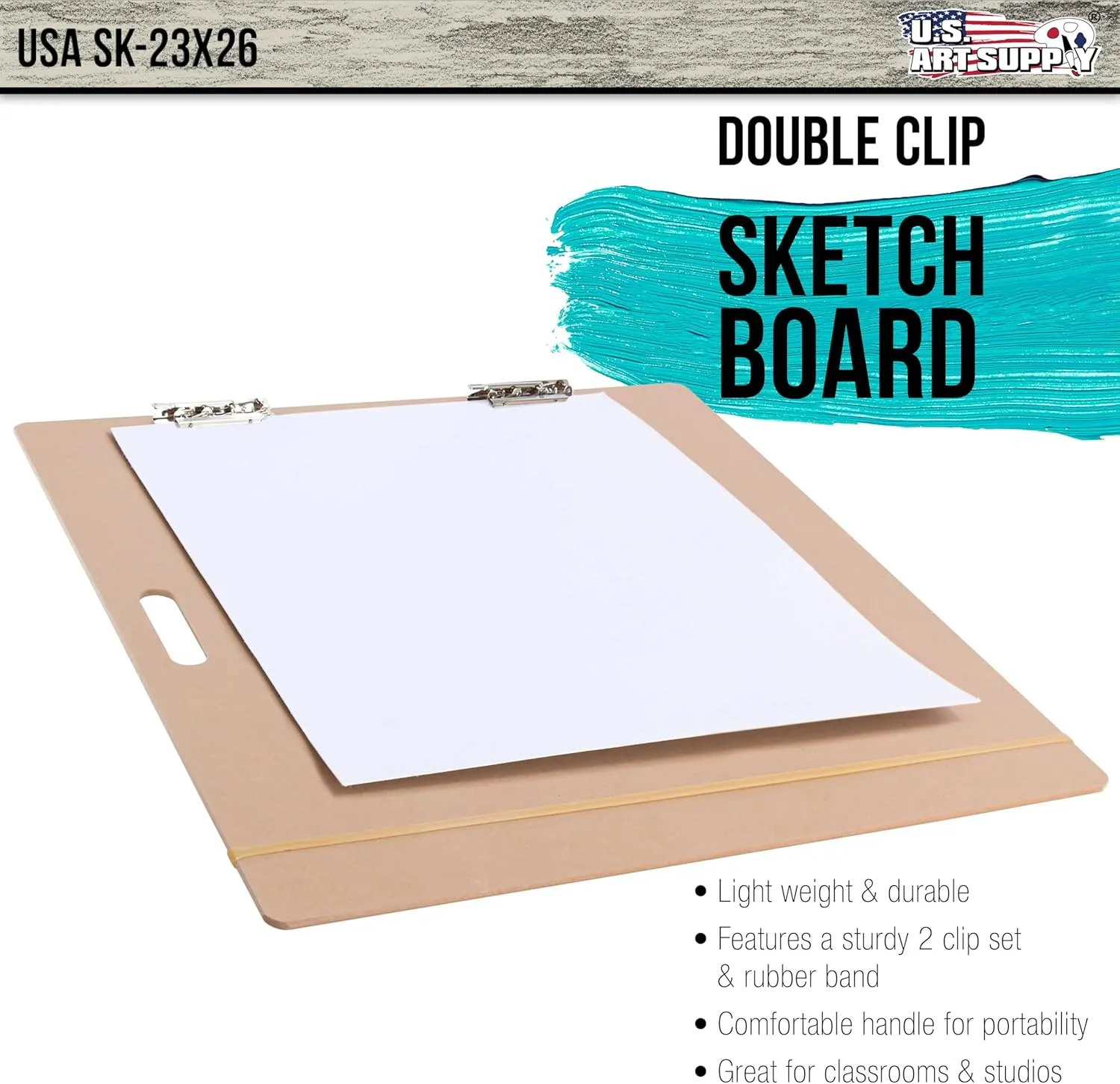 U.S. Art Supply 23" x 26" Artist Sketch Tote Board - Lightweight Hardboard Drawing Board with Handle, Clip & Rubber Band for Art, Sketching, Travel, Studio