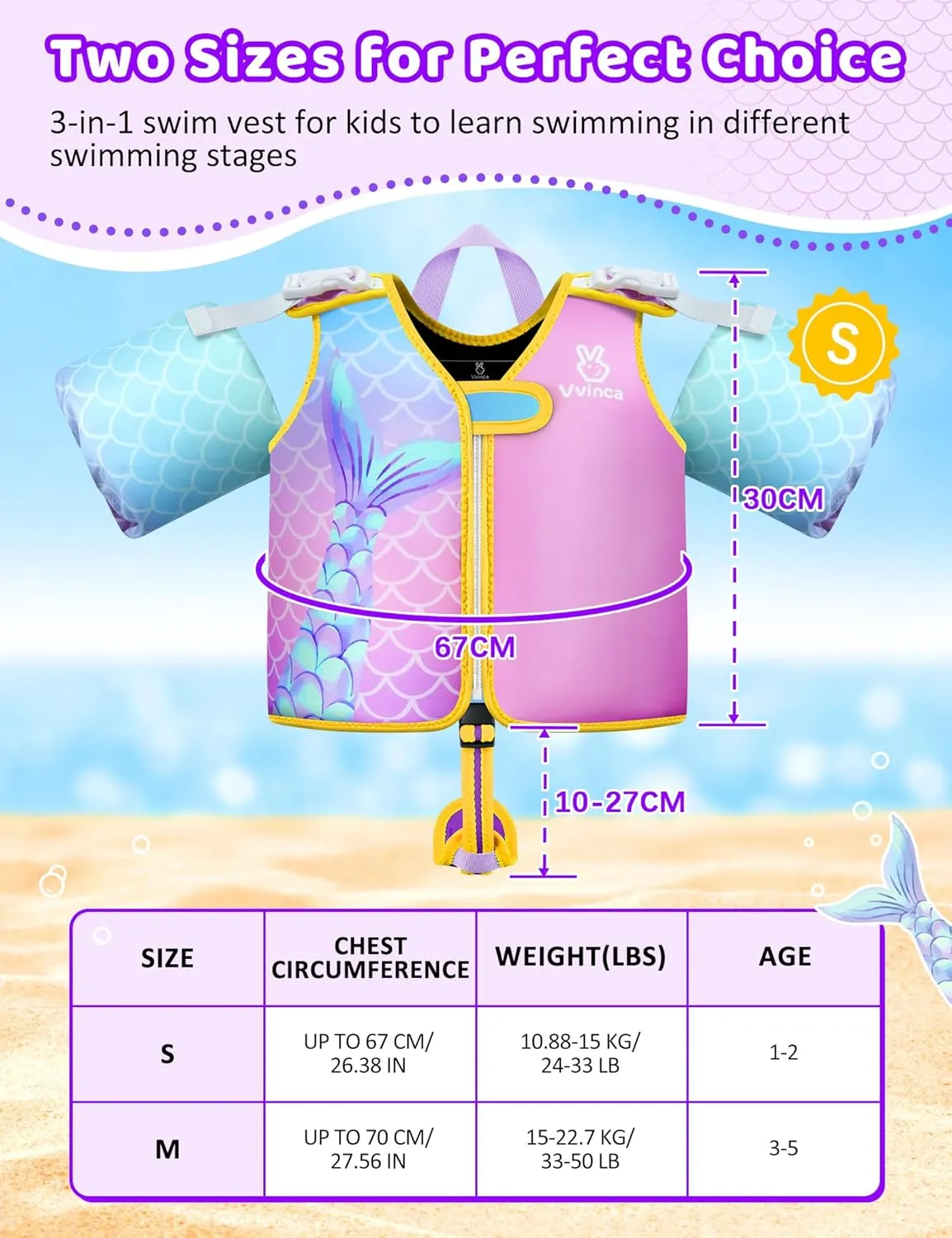 Vvinca Toddler Swim Vest for Kids 24-50lbs,Toddler Floaties Puddle Pool Float Jumper 24-30-50 Pounds for Girls Boys Ages 1-5 with Detachable Arm Floaties Adjustable Crotch Strap